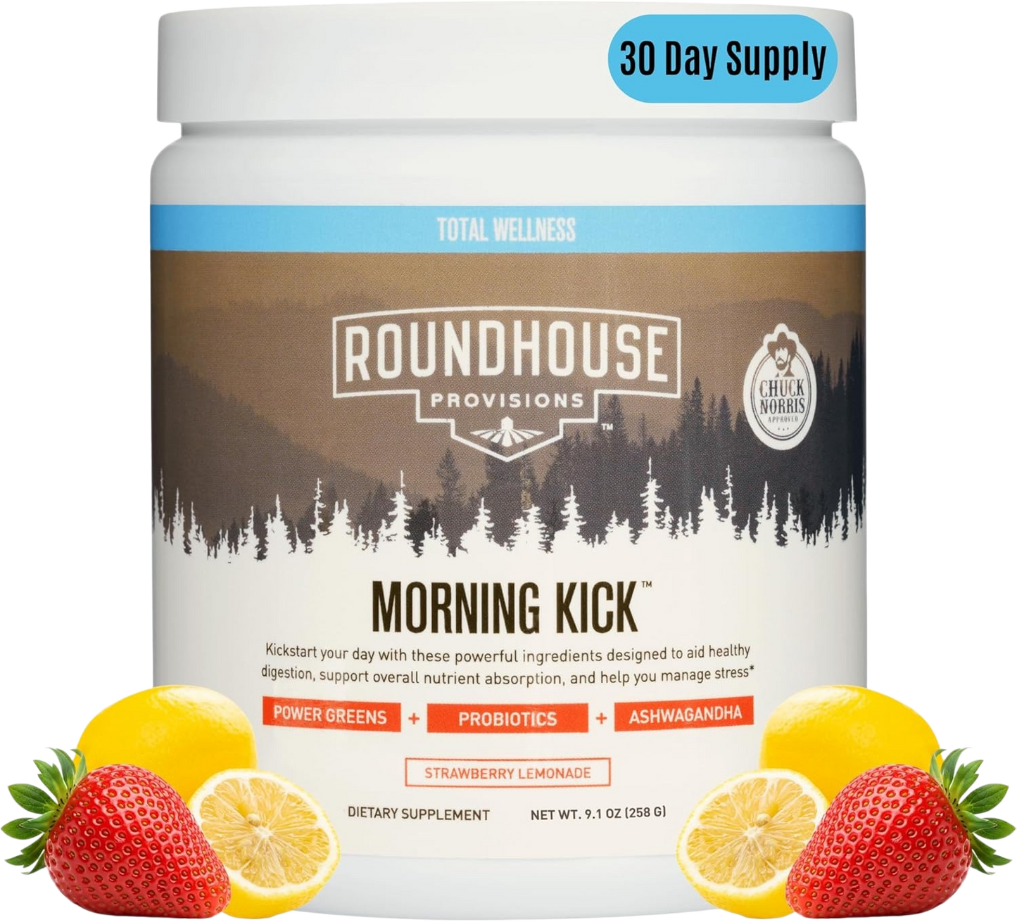 ROUNDHOUSE PROVISION Morning Kick Greens, Strawberry Lemonade, 30 Servings | Greens Superfood Powder for Gut Health, Sugar Free, Caffeine Free, Ashwagandha, Collagen Peptides, Probiotics, Chuck Norris