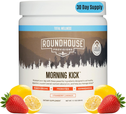 ROUNDHOUSE PROVISION Morning Kick Greens, Strawberry Lemonade, 30 Servings | Greens Superfood Powder for Gut Health, Sugar Free, Caffeine Free, Ashwagandha, Collagen Peptides, Probiotics, Chuck Norris