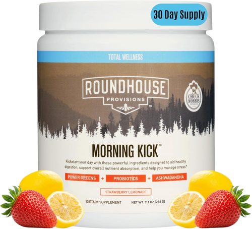 ROUNDHOUSE PROVISION Morning Kick Greens, Strawberry Lemonade, 30 Servings | Greens Superfood Powder for Gut Health, Sugar Free, Caffeine Free, Ashwagandha, Collagen Peptides, Probiotics, Chuck Norris