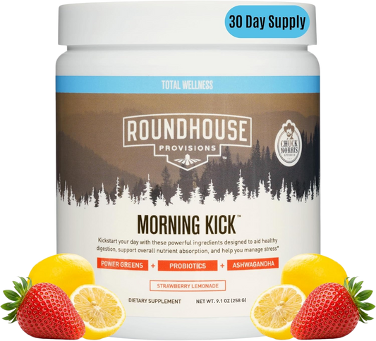 ROUNDHOUSE PROVISION Morning Kick Greens, Strawberry Lemonade, 30 Servings | Greens Superfood Powder for Gut Health, Sugar Free, Caffeine Free, Ashwagandha, Collagen Peptides, Probiotics, Chuck Norris